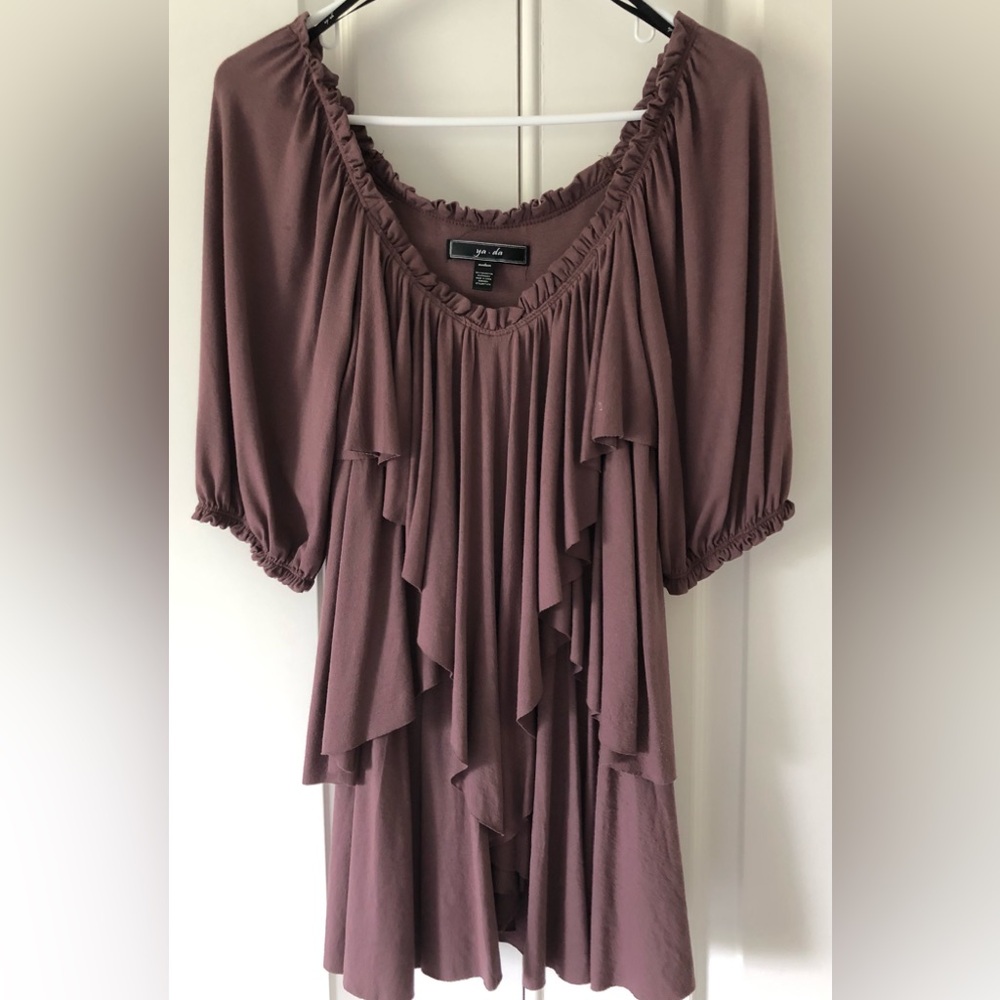 Boston Proper Elegant Boho Mauve Ruffled Peasant style Jersey knit Top sz M